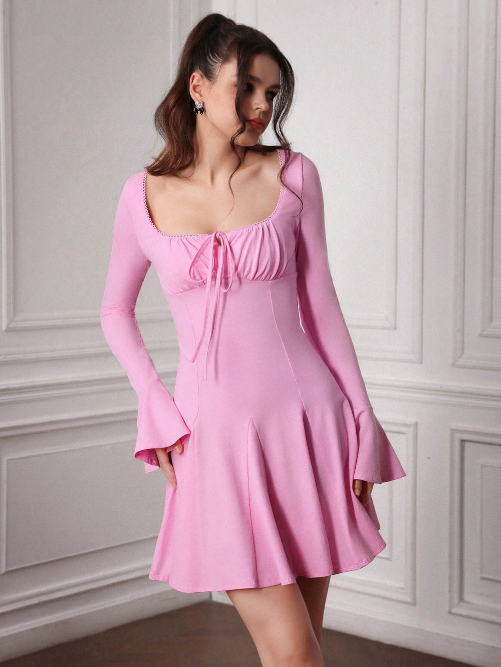 ZARA Spring Summer High Waist Square Neck Sweet Spicy Pink Mini Dress